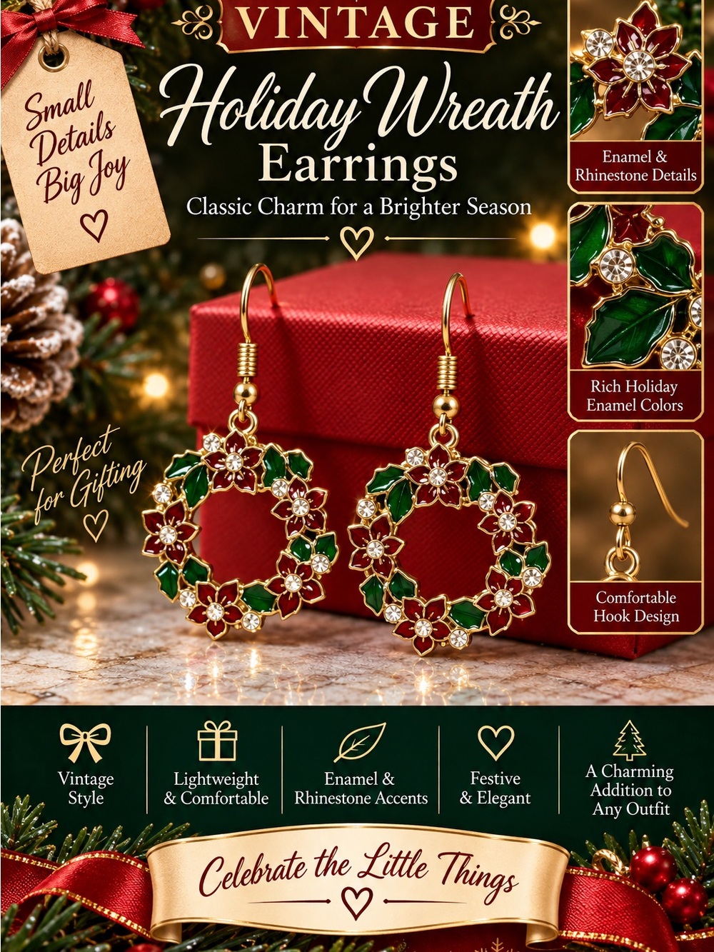 Vintage Holiday Wreath Dangle Earrings - Gold with Green & Red Enamel